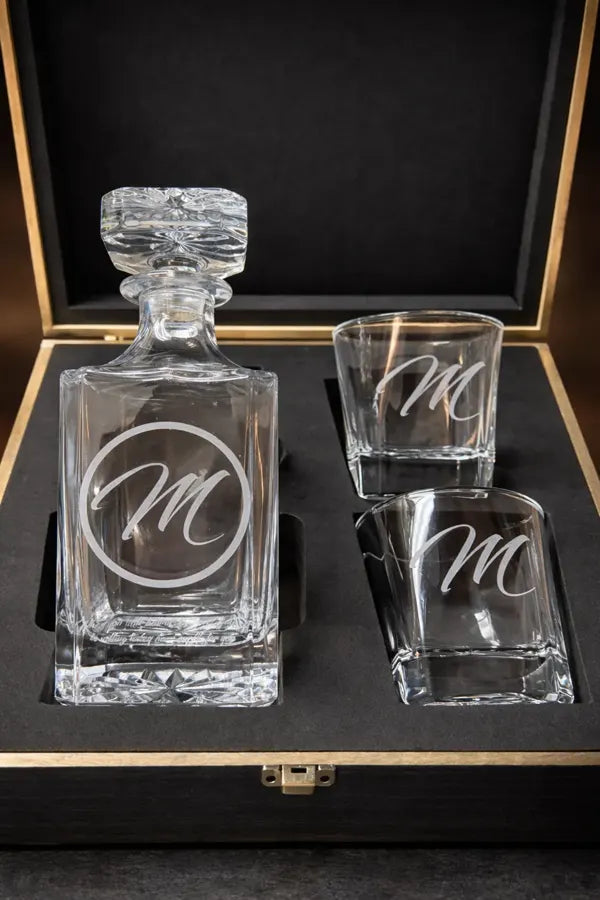Monogrammed glass decanter and matching glasses