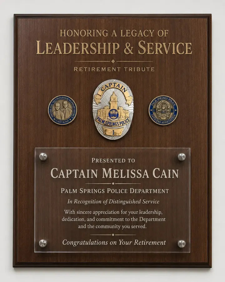 Custom retirement plaque with badge, challenge coins, and acrylic dedication panel
