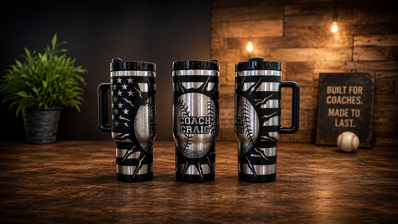 Three views of a black handled tumbler with a baseball, American flag design, and personalized coach name