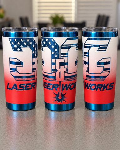 Blue and red personalized tumbler featuring a large G&amp;G Laser Works flag logo