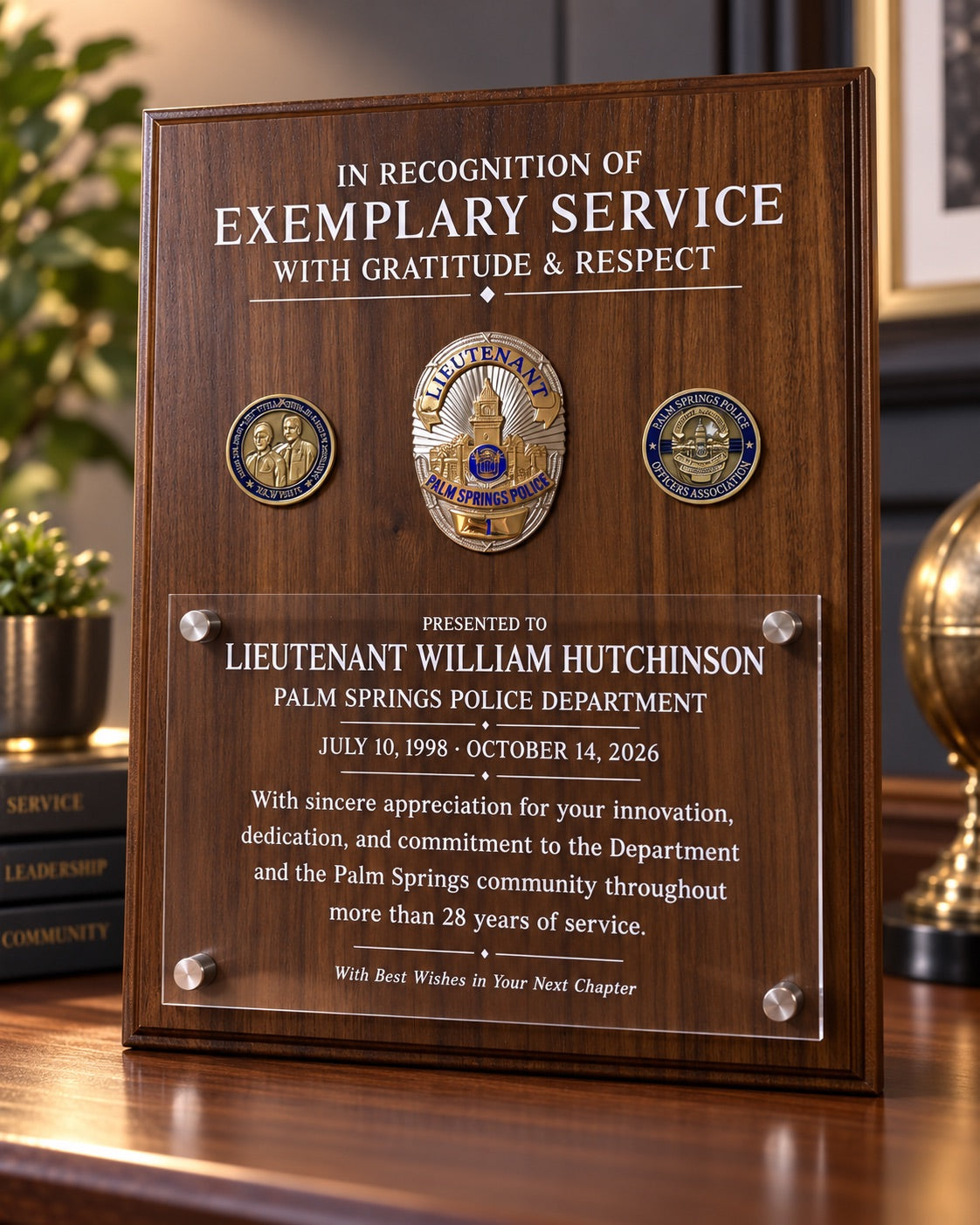 Wood retirement plaque with a Palm Springs Police badge, two challenge coins, and a personalized acrylic panel on standoffs